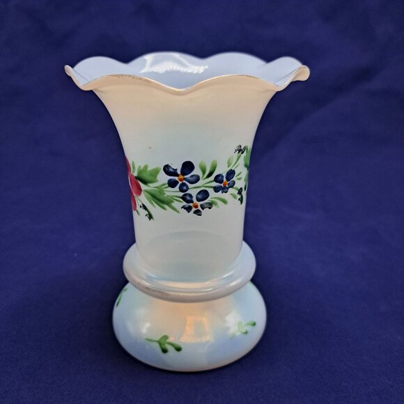 Hand Blown Ruffled Opal Glass Vase Floral Design - Picture 5 of 12